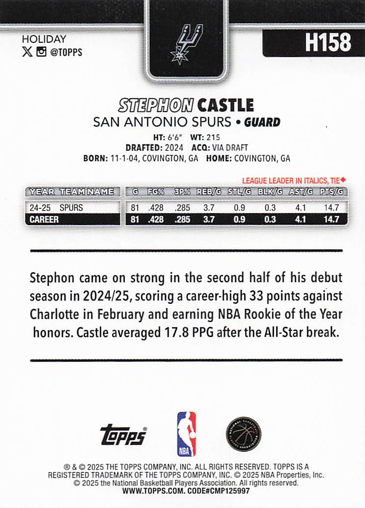 2025-26 Topps Holiday Basketball Stephon Castle #H158