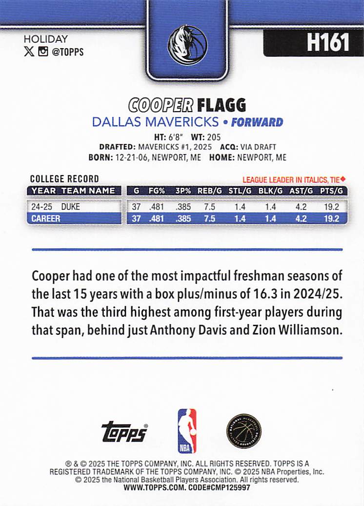 2025-26 Topps Holiday Basketball Cooper Flagg #H161 Rookie