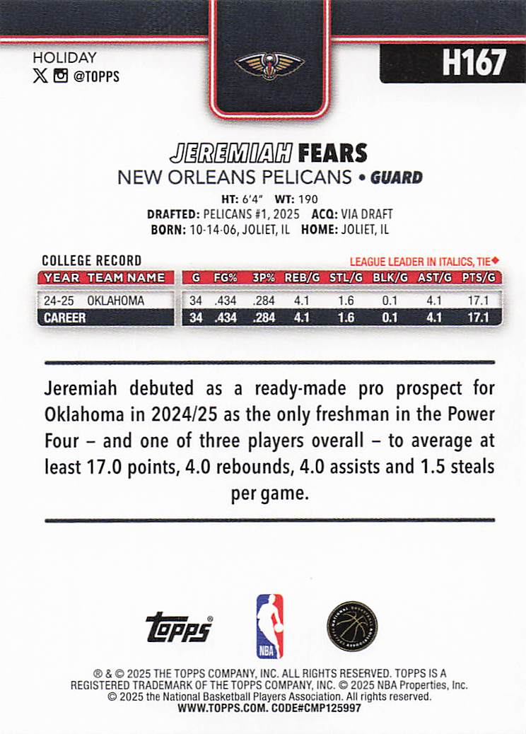 2025-26 Topps Holiday Basketball Jeremiah Fears #H167 Rookie