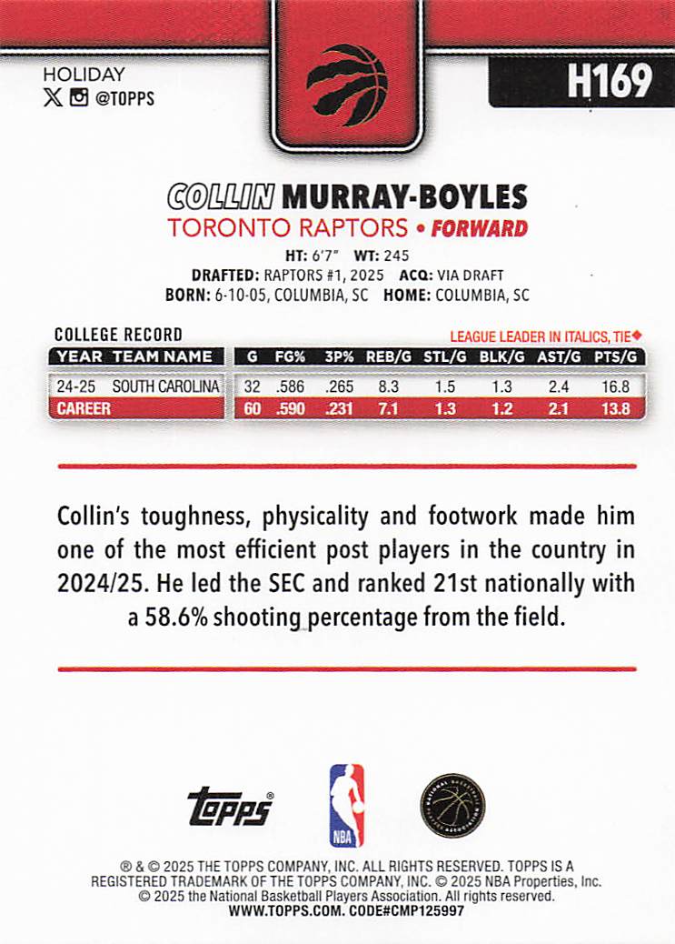 2025-26 Topps Holiday Basketball Collin Murray-Boyles #H169 Rookie