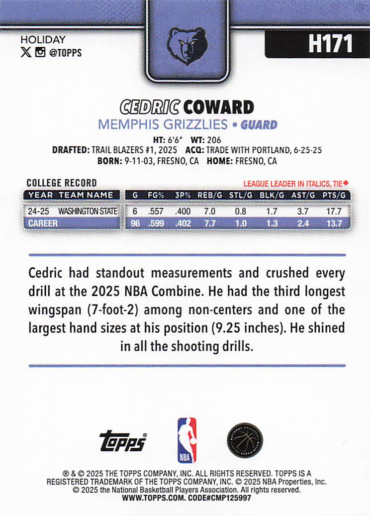 2025-26 Topps Holiday Basketball Cedric Coward #H171 Rookie