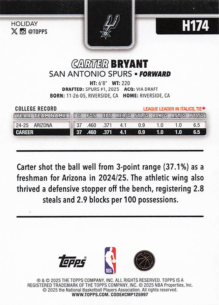 2025-26 Topps Holiday Basketball Carter Bryant #H174 Rookie