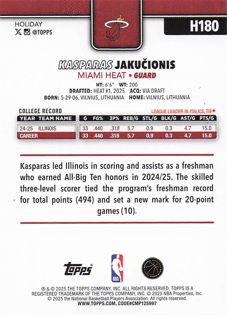 2025-26 Topps Holiday Basketball Kasparas Jaku?ionis #H180 Rookie