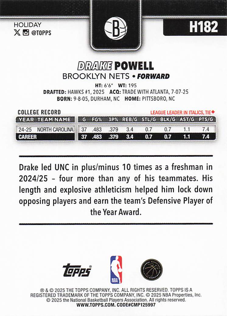 2025-26 Topps Holiday Basketball Drake Powell #H182 Rookie