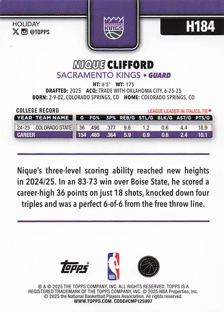 2025-26 Topps Holiday Basketball Nique Clifford #H184 Rookie