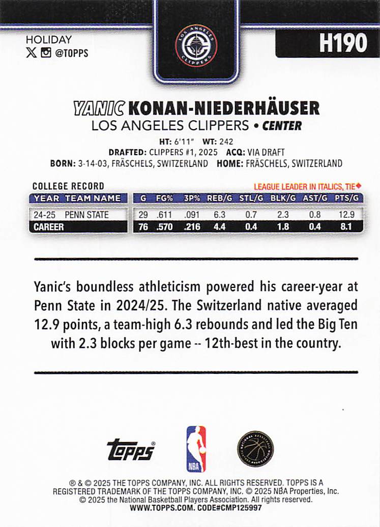 2025-26 Topps Holiday Basketball Yanic Konan Niederhauser #H190 Rookie