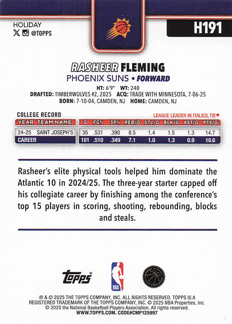 2025-26 Topps Holiday Basketball Rasheer Fleming #H191 Rookie