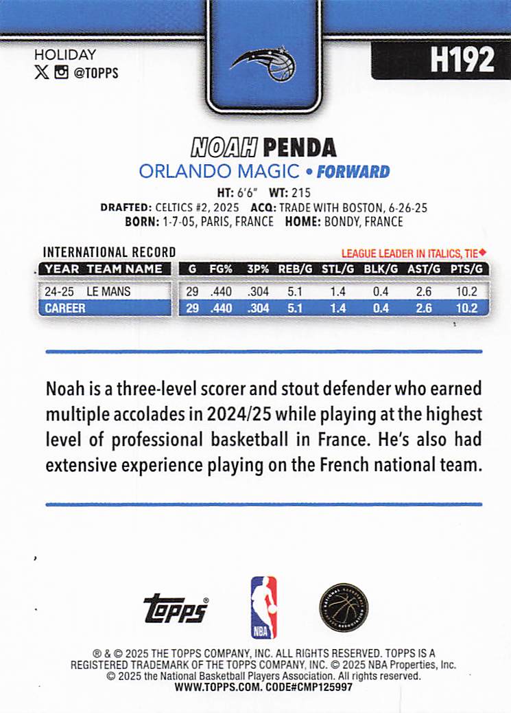 2025-26 Topps Holiday Basketball Noah Penda #H192 Rookie