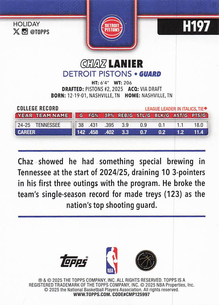 2025-26 Topps Holiday Basketball Chaz Lanier #H197 Rookie