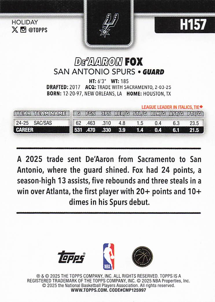 2025-26 Topps Holiday Basketball Glitter Holiday De'Aaron Fox #H157