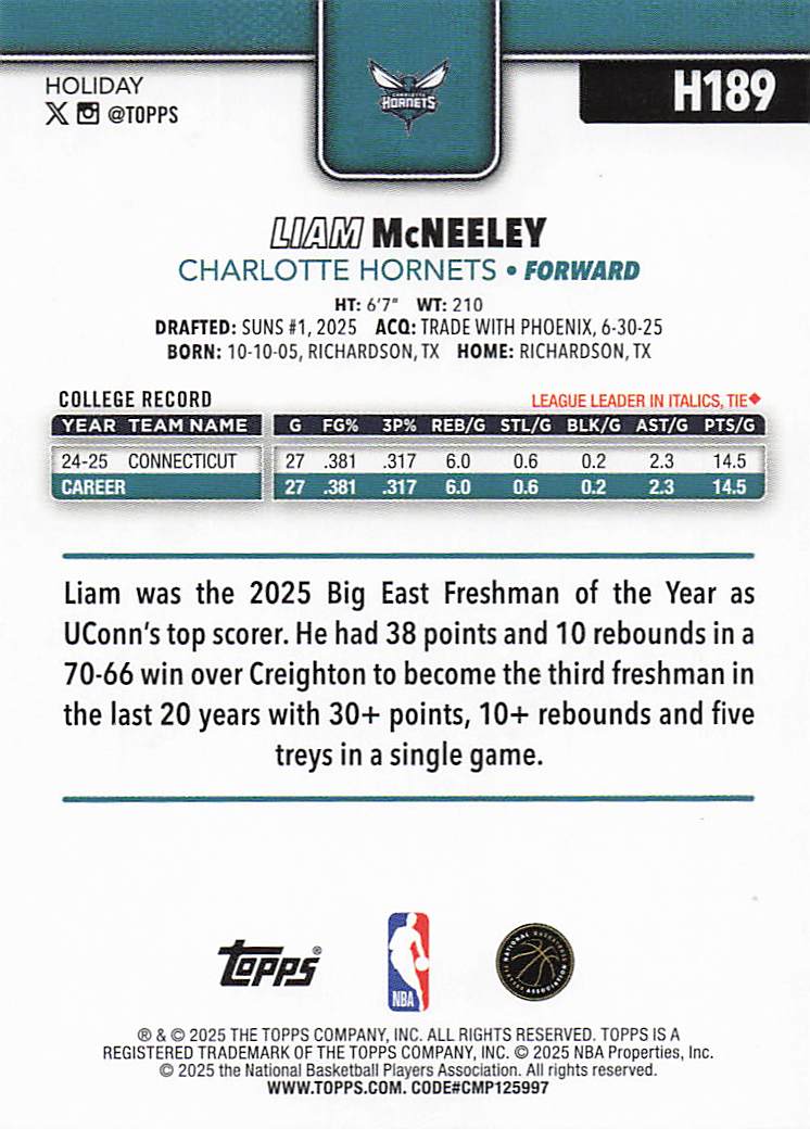 2025-26 Topps Holiday Basketball Glitter Holiday Liam McNeeley #H189 Rookie