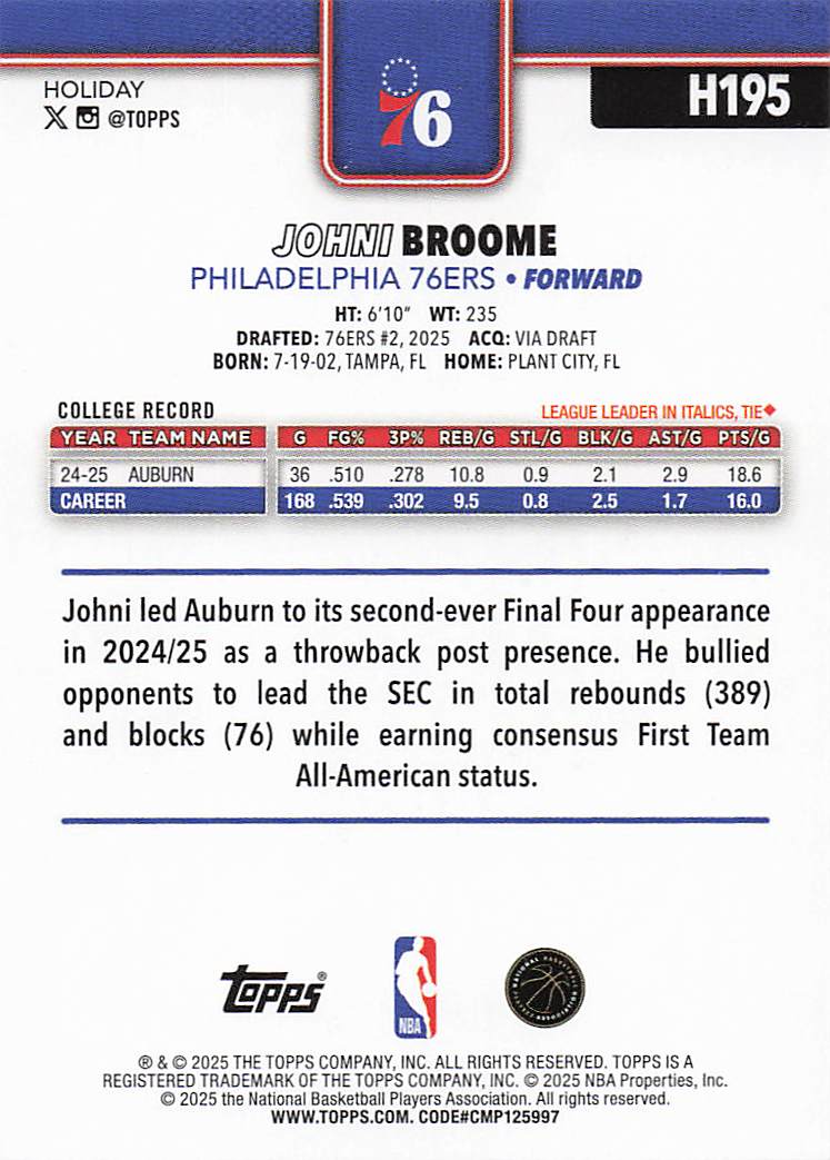 2025-26 Topps Holiday Basketball Glitter Holiday Johni Broome #H195 Rookie