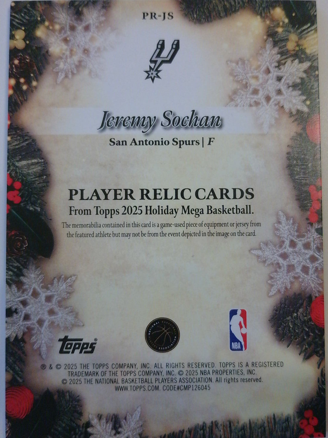 2025-26 Topps Holiday Purple Metallic Glitter 179/199 Jeremy Sochan #PR-JS