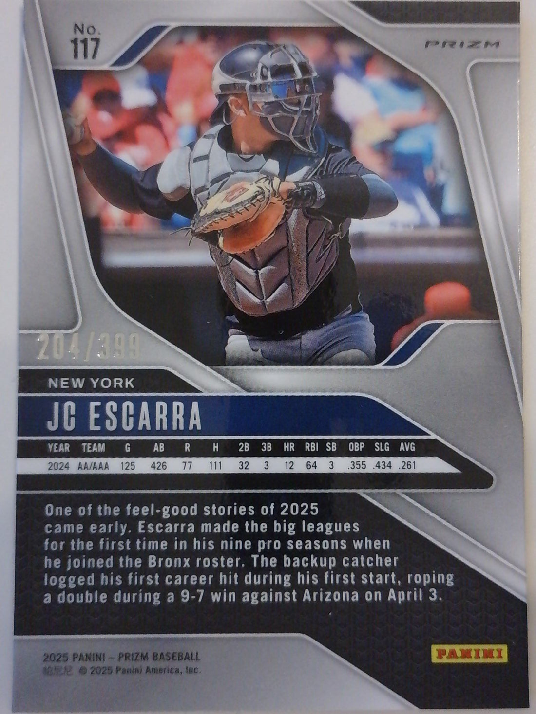 2025 Panini Prizm Baseball Orange Pulsar Prizms 204/399 JC Escarra #117