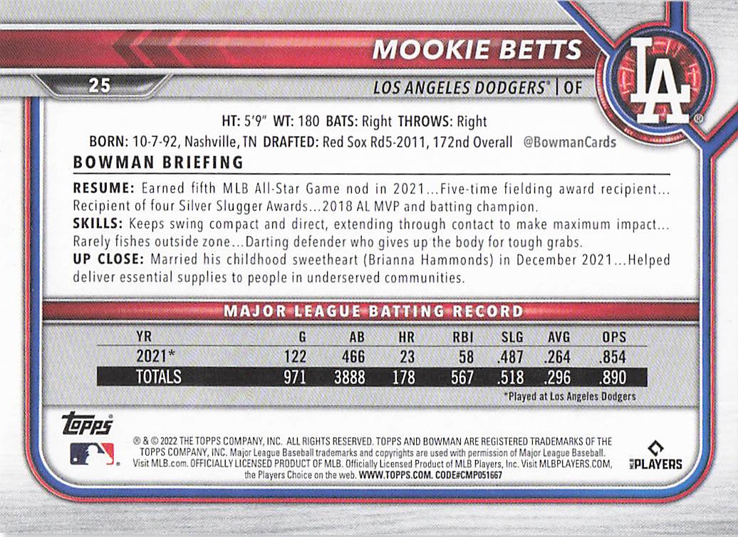 2022 Bowman Baseball Mookie Betts #25