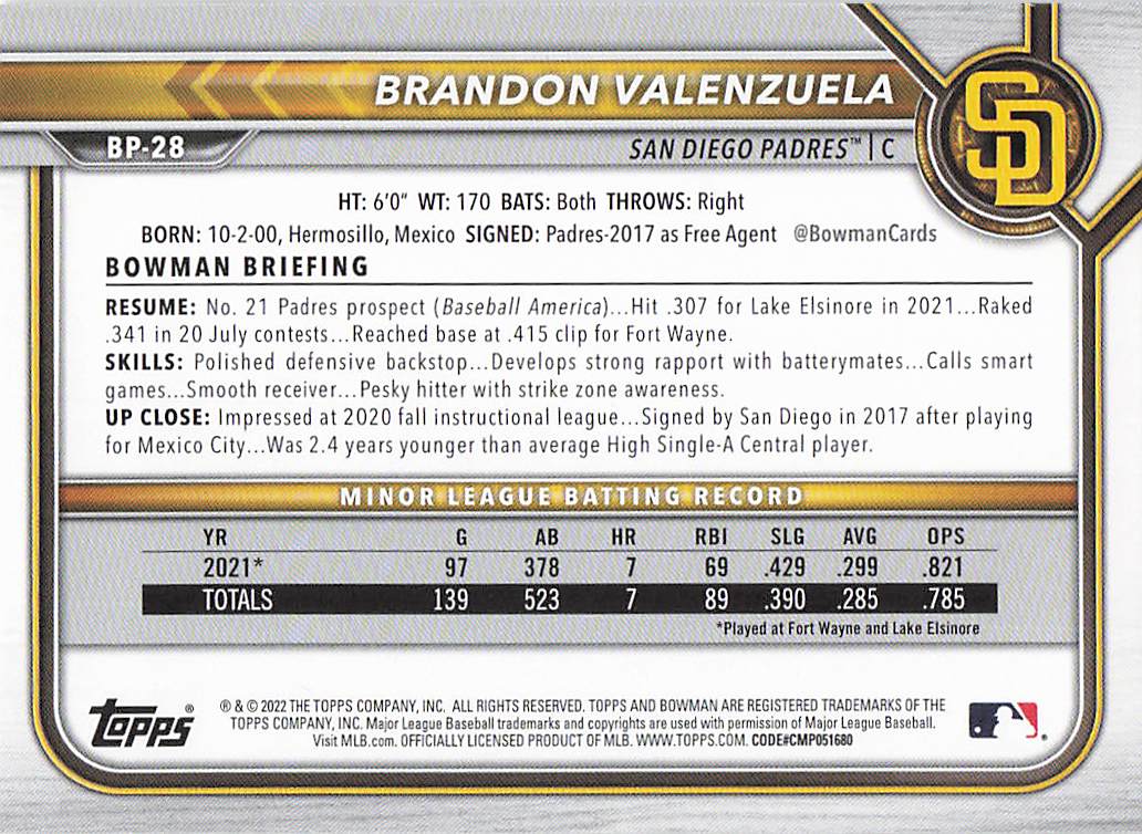 2022 Bowman Baseball Prospects Brandon Valenzuela #BP-28