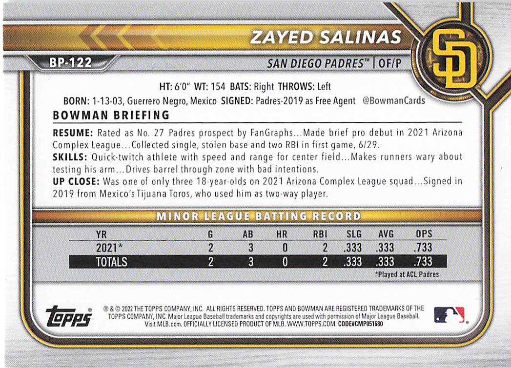 2022 Bowman Baseball Prospects Zayed Salinas #BP-122