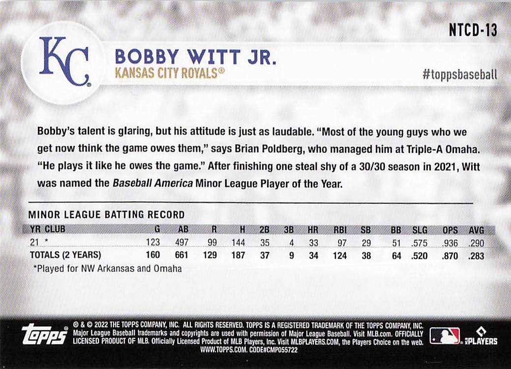 2022 Topps International Trading Card Day Baseball Bobby Witt Jr. #NTCD-13