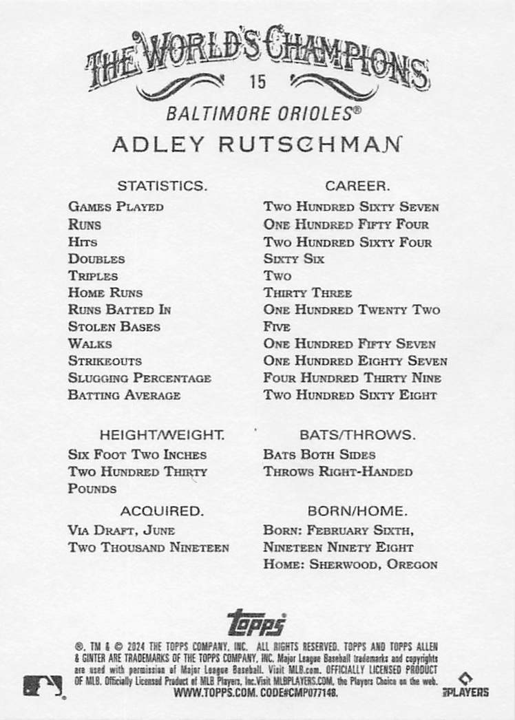 2024 Topps Allen & Ginter Baseball Adley Rutschman #15