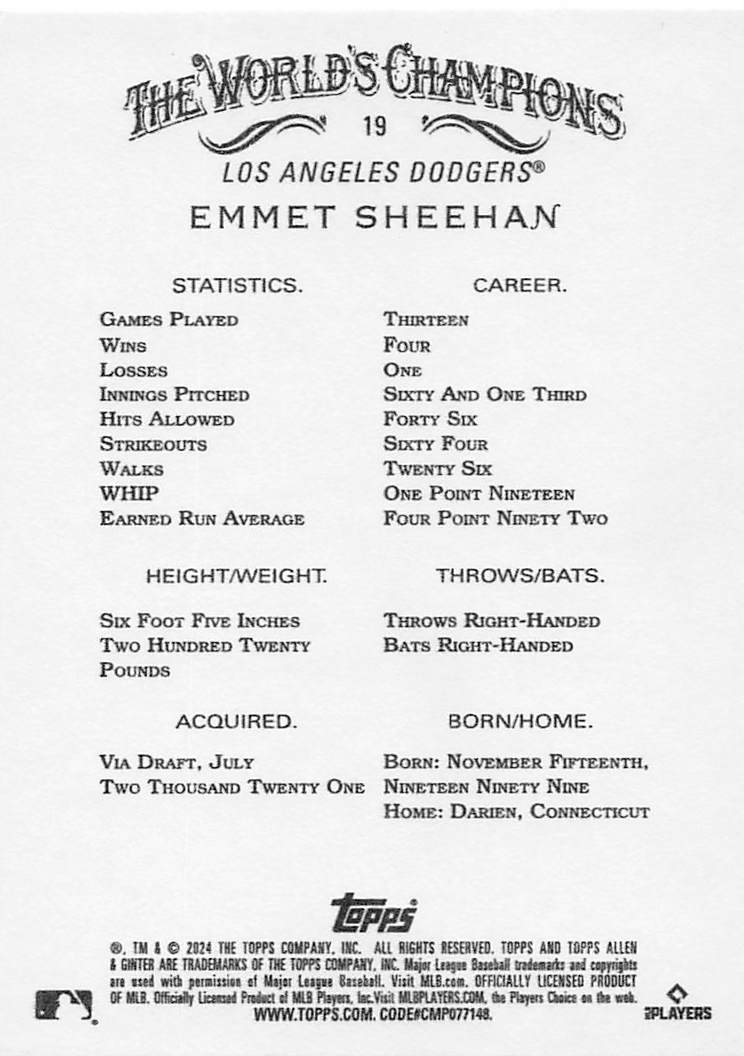 2024 Topps Allen & Ginter Baseball Emmet Sheehan #19 Rookie