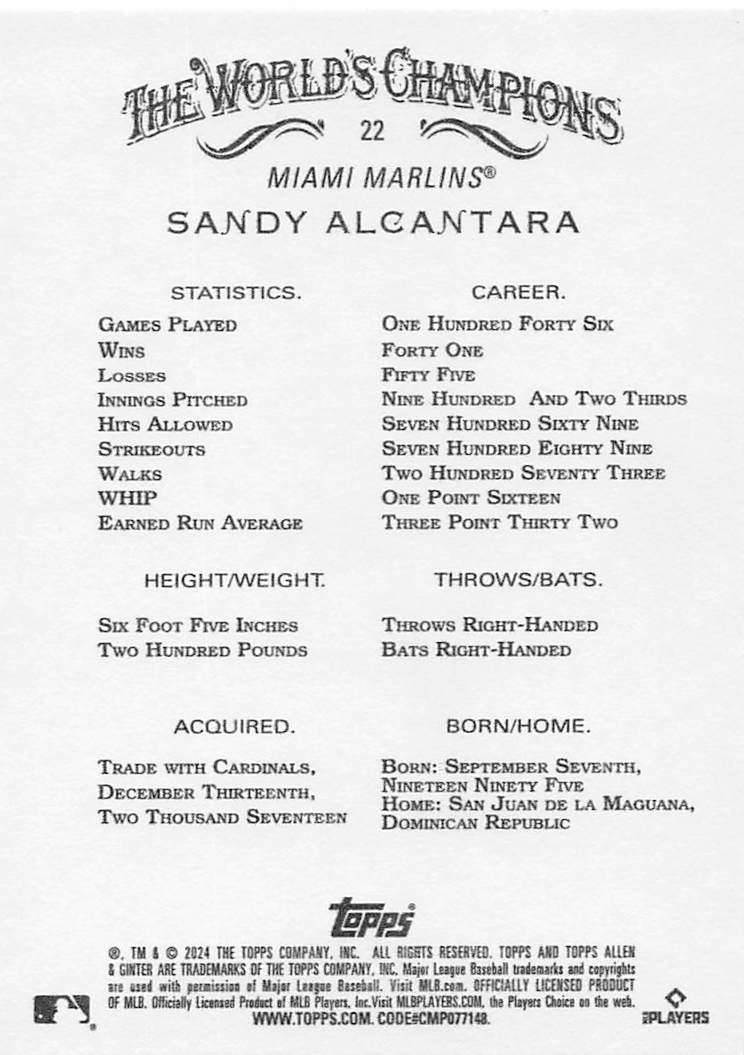 2024 Topps Allen & Ginter Baseball Sandy Alcantara #22