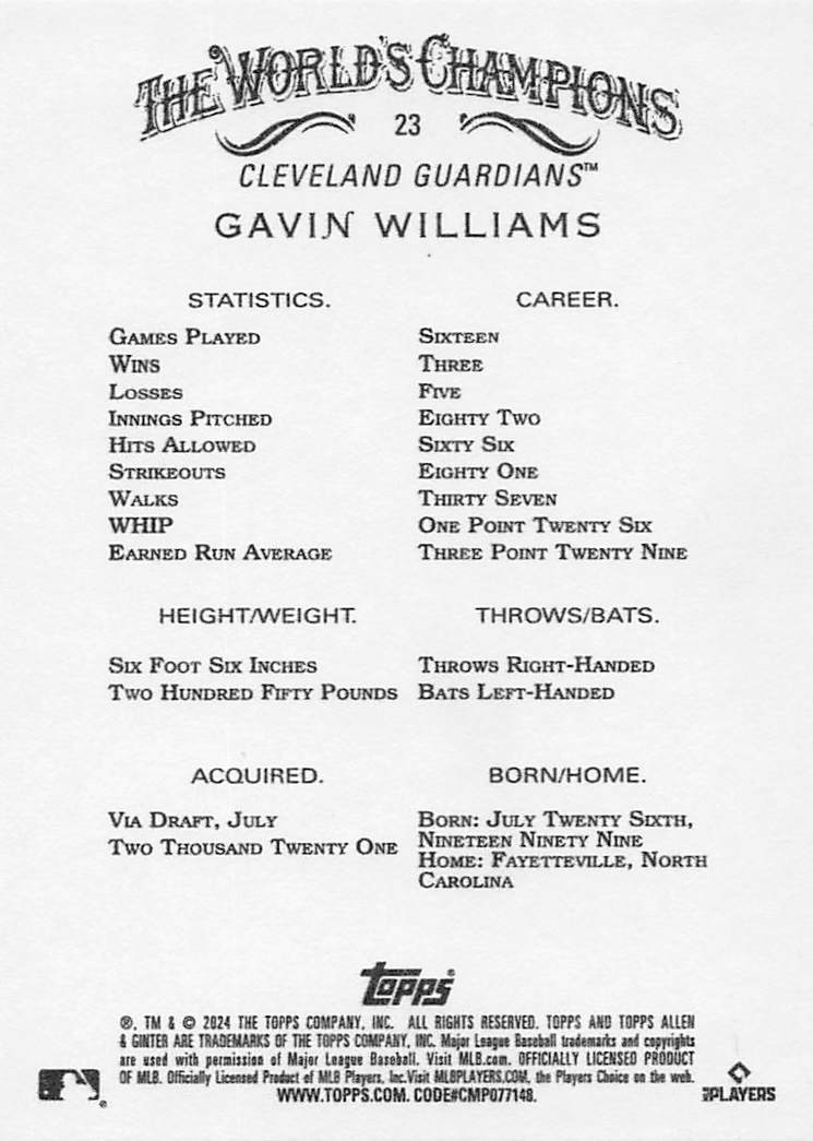 2024 Topps Allen & Ginter Baseball Gavin Williams #23 Rookie