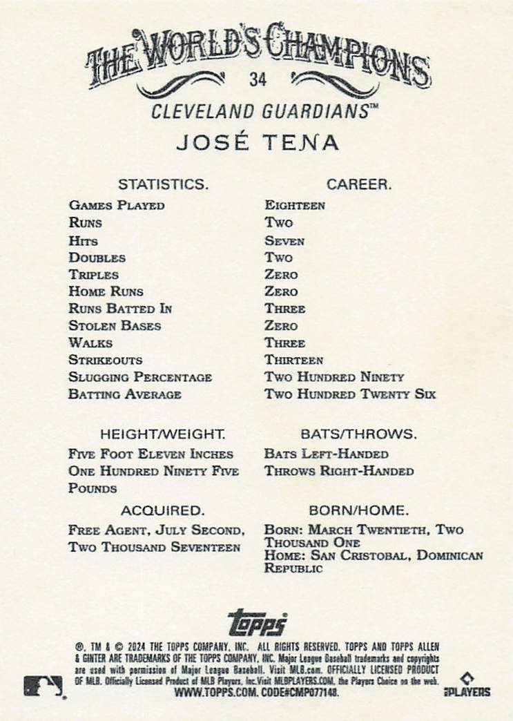 2024 Topps Allen & Ginter Baseball José Tena #34 Rookie