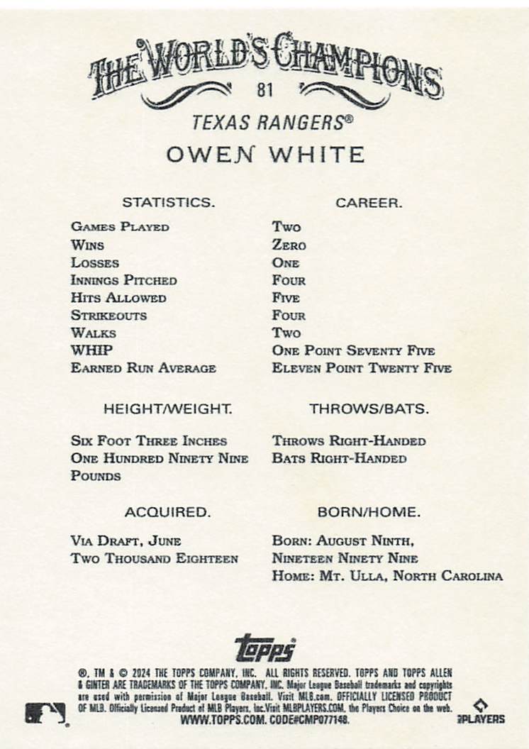 2024 Topps Allen & Ginter Baseball Owen White #81 Rookie