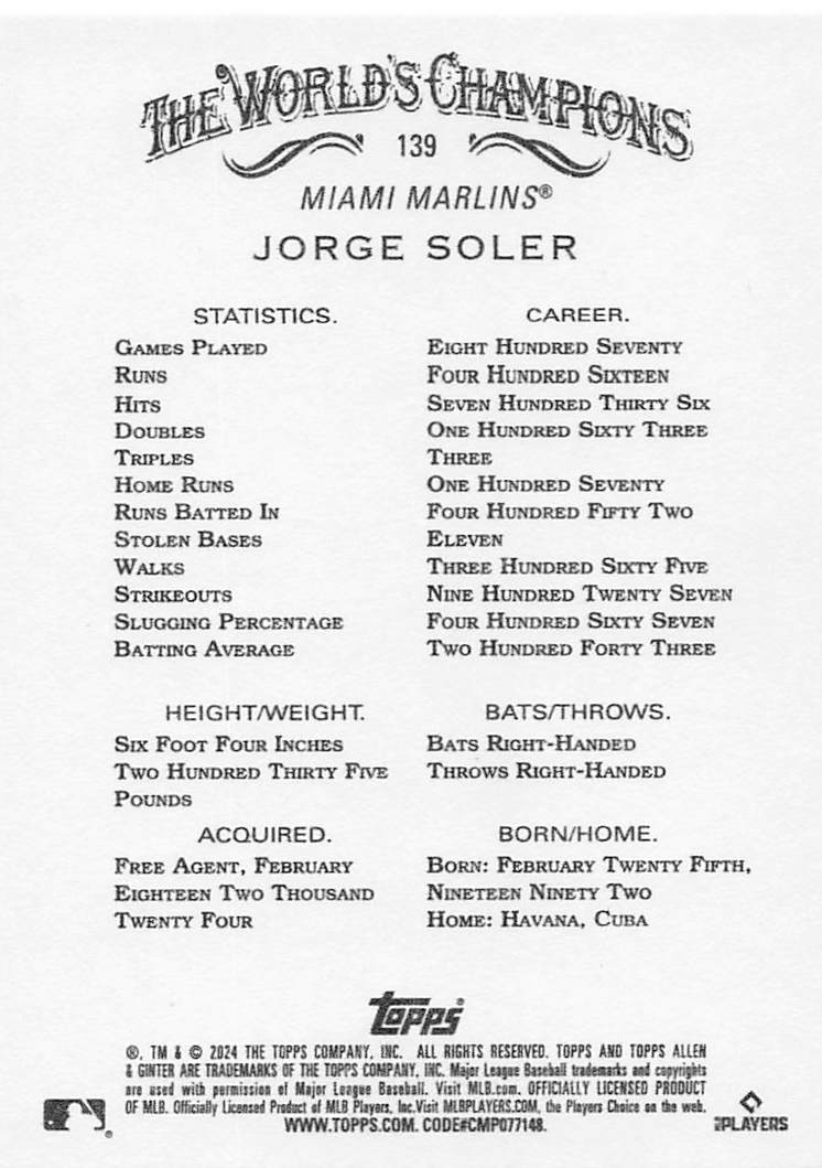 2024 Topps Allen & Ginter Baseball Jorge Soler #139