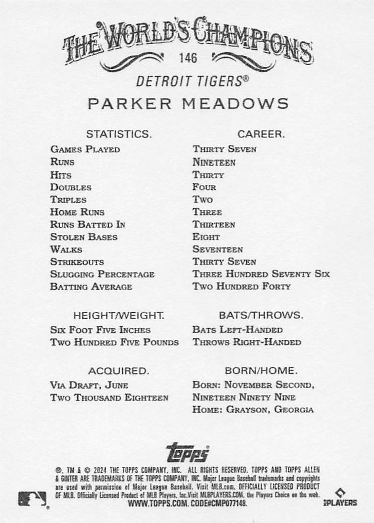 2024 Topps Allen & Ginter Baseball Parker Meadows #146 Rookie