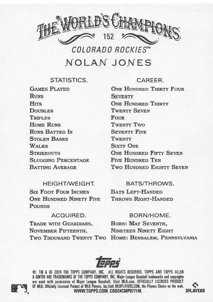 2024 Topps Allen & Ginter Baseball Nolan Jones #152