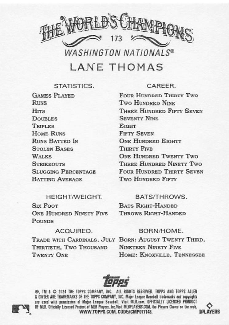 2024 Topps Allen & Ginter Baseball Lane Thomas #173