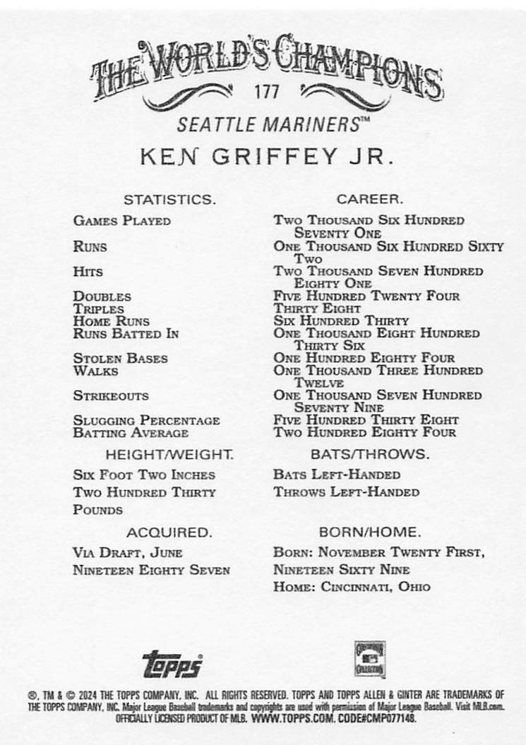 2024 Topps Allen & Ginter Baseball Ken Griffey Jr. #177