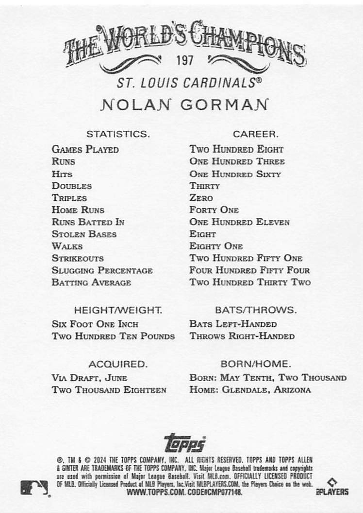 2024 Topps Allen & Ginter Baseball Nolan Gorman #197