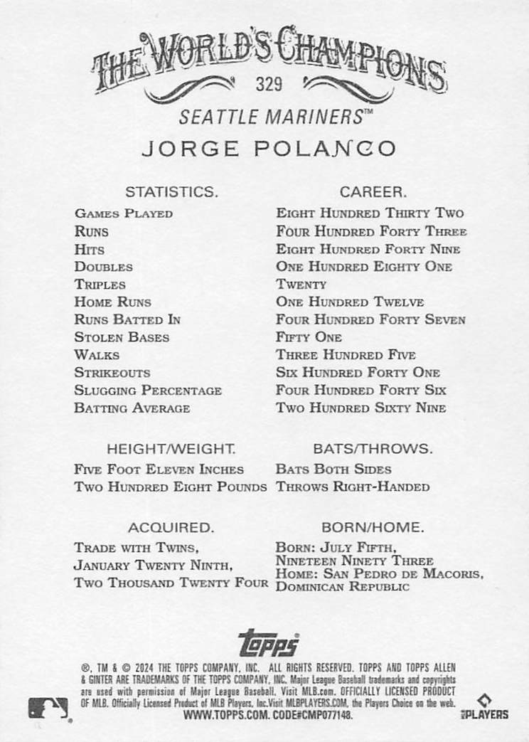 2024 Topps Allen & Ginter Baseball Jorge Polanco #329