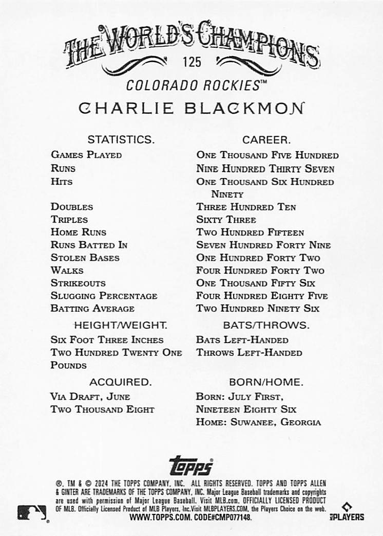 2024 Topps Allen & Ginter Baseball Silver Portrait Charlie Blackmon #125