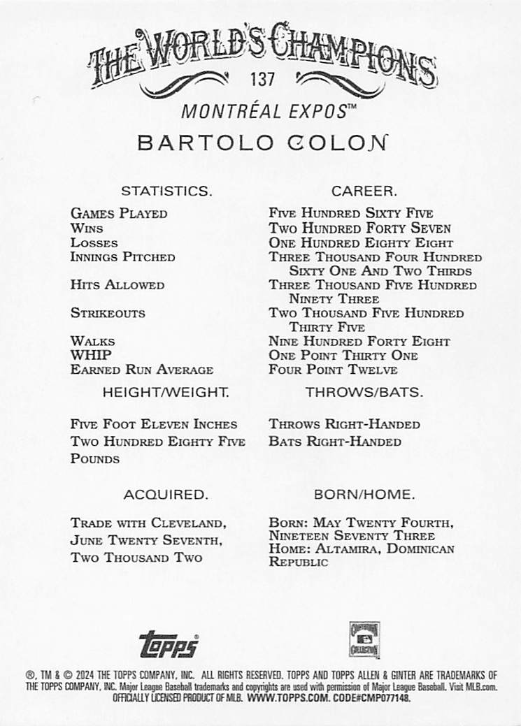 2024 Topps Allen & Ginter Baseball Silver Portrait Bartolo Colon #137