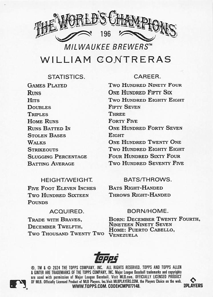 2024 Topps Allen & Ginter Baseball William Contreras #196
