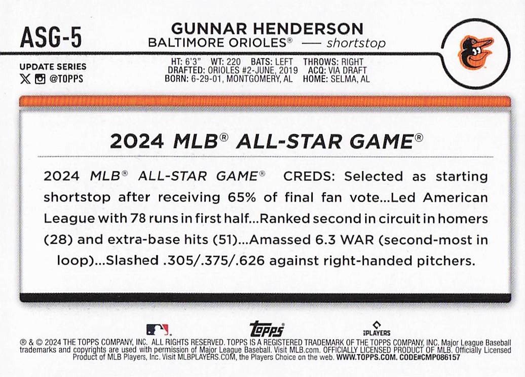 2024 Topps Update Baseball 2024 All-Star Game Gunnar Henderson #ASG-5