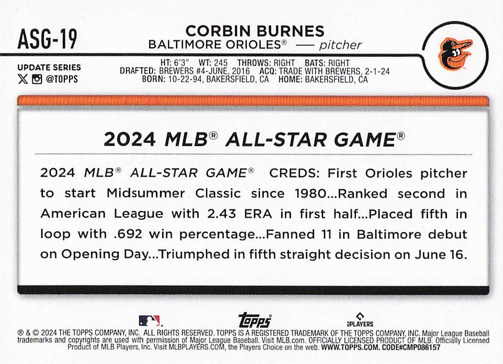 2024 Topps Update Baseball 2024 All-Star Game Corbin Burnes #ASG-19