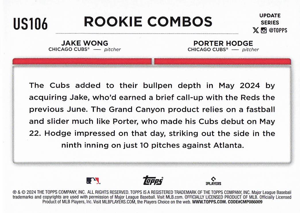 2024 Topps Update Baseball Porter Hodge / Jake Wong RCOM, SN2024 #US106