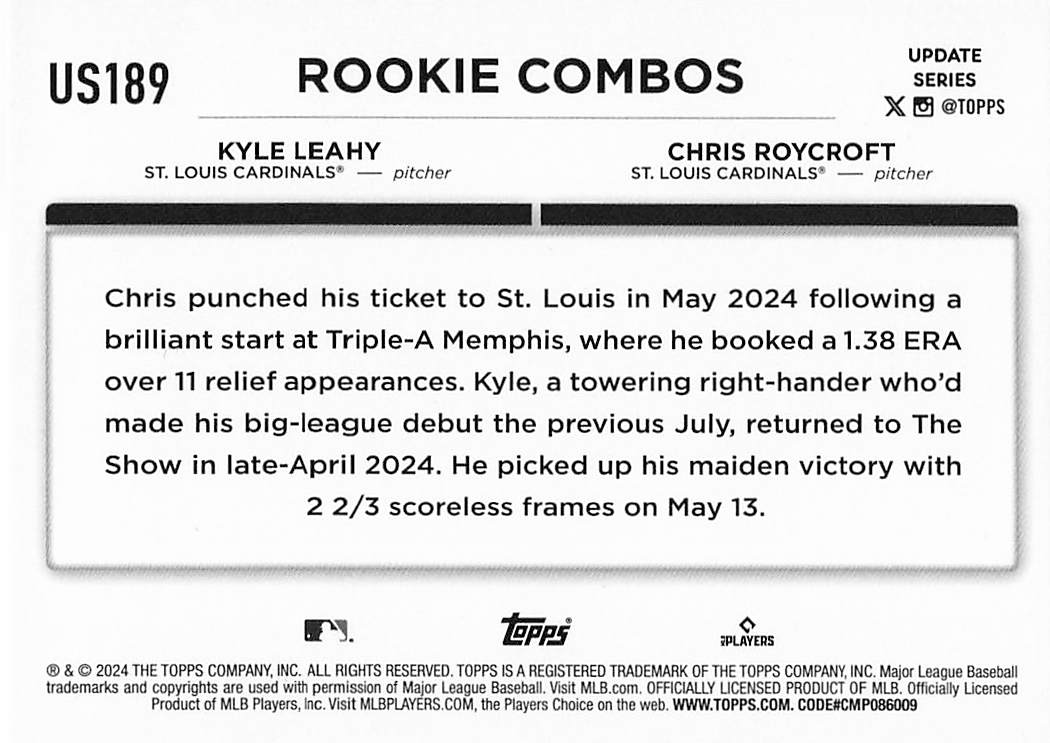 2024 Topps Update Baseball Kyle Leahy / Chris Roycroft RCOM, SN1 #US189