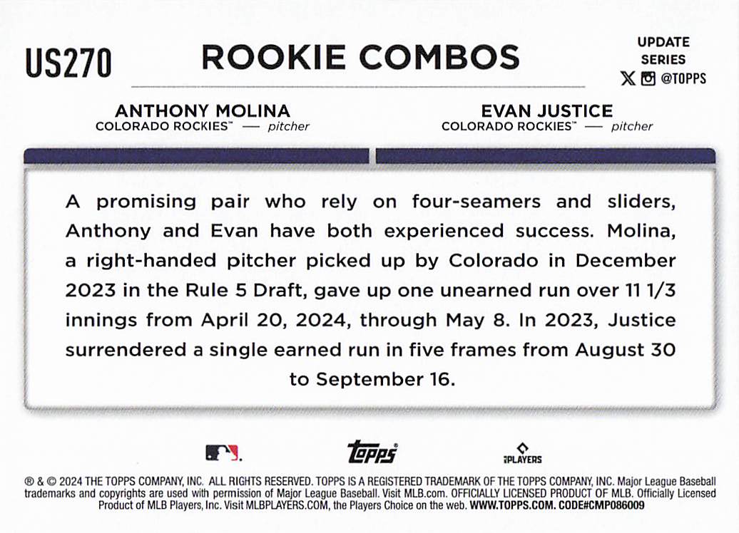 2024 Topps Update Baseball Evan Justice / Anthony Molina RCOM, SN2024 #US270