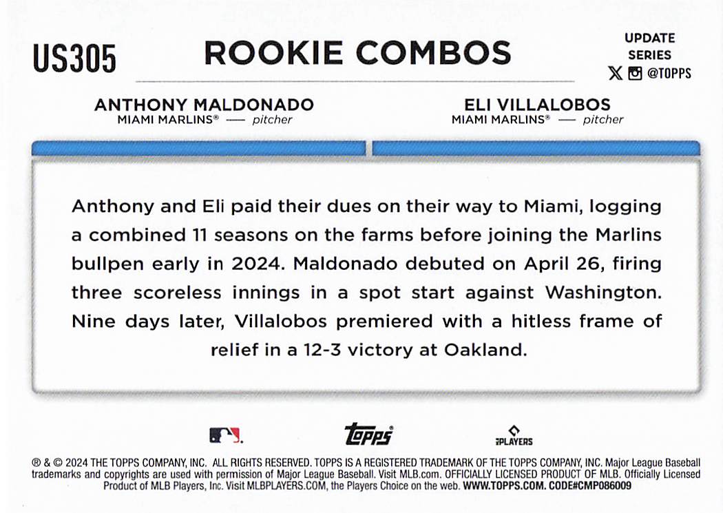 2024 Topps Update Baseball Eli Villalobos / Anthony Maldonado #US305