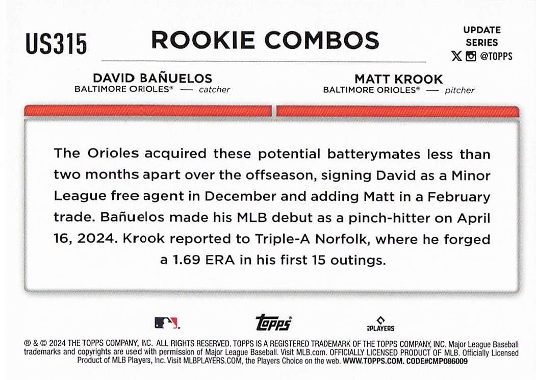 2024 Topps Update Baseball David Bañuelos / Matt Krook RCOM #US315