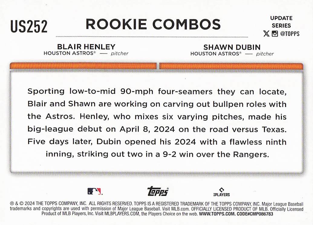 2024 Topps Update Baseball Holiday Blair Henley / Shawn Dubin RCOM #US252
