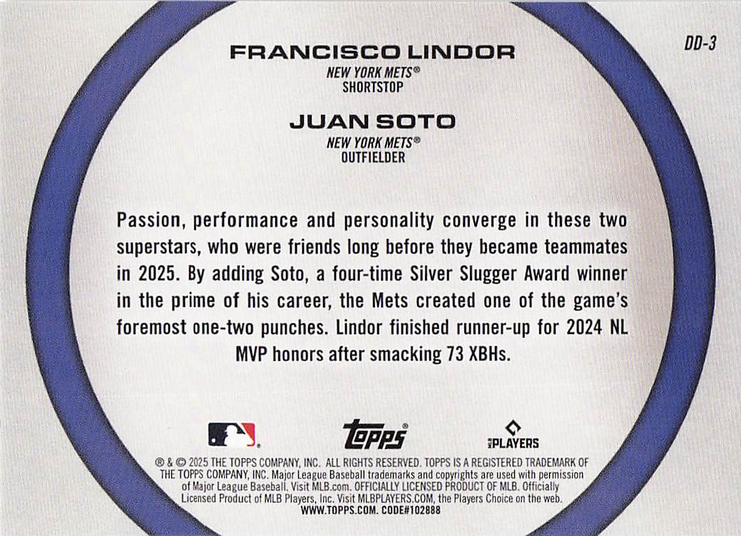 2025 Topps Baseball Dynamic Duos Juan Soto / Francisco Lindor #DD-3