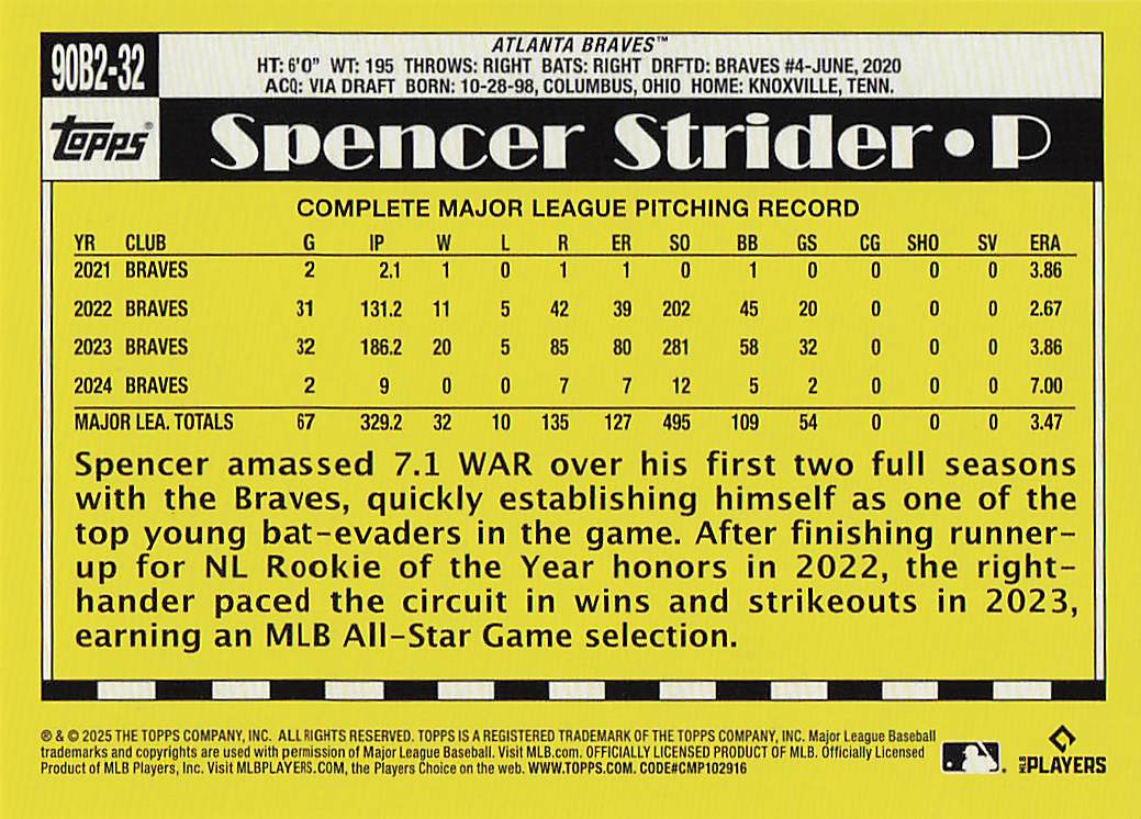 2025 Topps Baseball 1990 Topps Baseball (Series Two) Spencer Strider #90B2-32