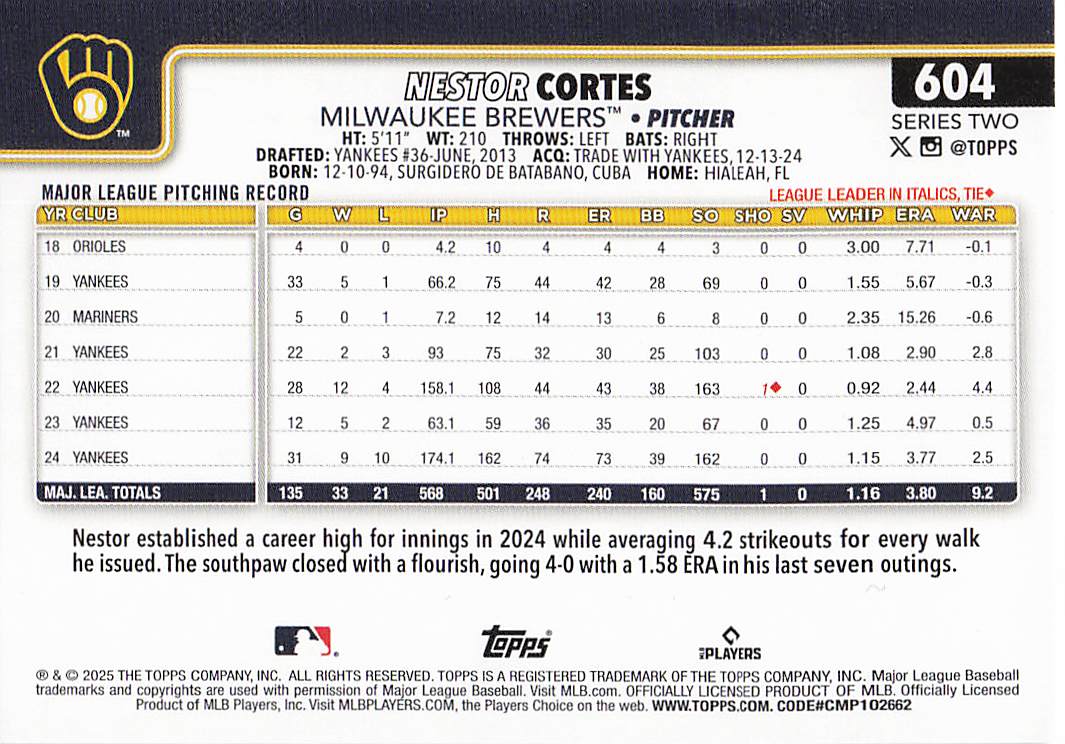 2025 Topps Baseball Rainbow Foil Nestor Cortes #604
