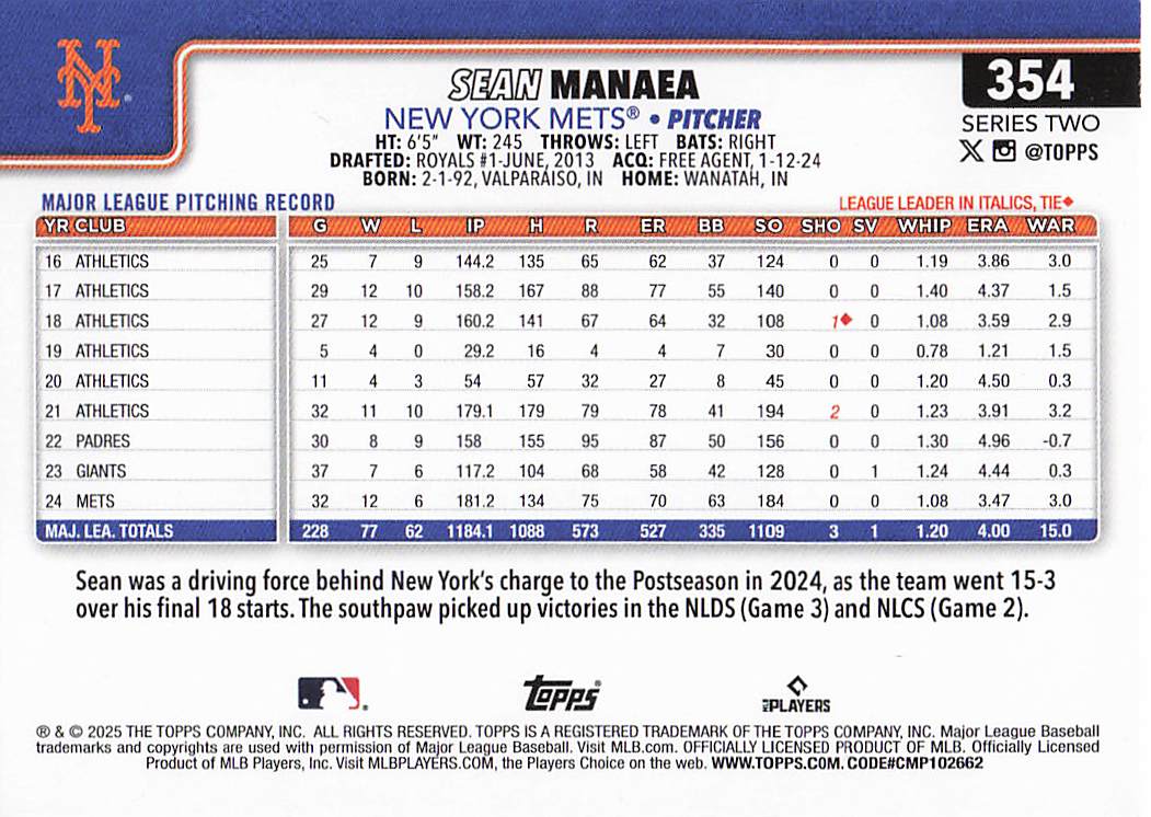 2025 Topps Baseball Sean Manaea #354